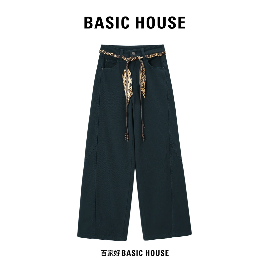 Basic House/百家好阔腿牛仔裤2025年高腰显瘦丝带长裤U112 QX
