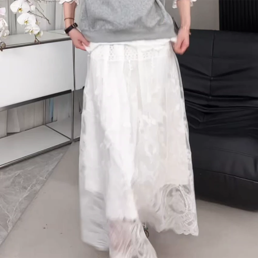 早春新款法式设计感了哦搜花边拼接温柔公主风松紧腰半身裙长裙