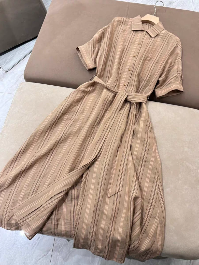 韩版休闲通勤条纹衬衫连衣裙女2025夏季新款时尚收腰显瘦气质长裙
