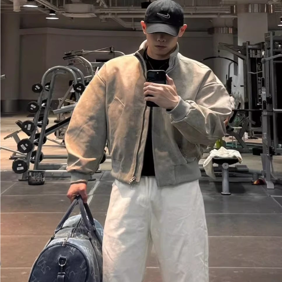 【阿尘】美式潮牌复古PU皮拼接立领夹克男女秋冬季宽松百搭休闲外套