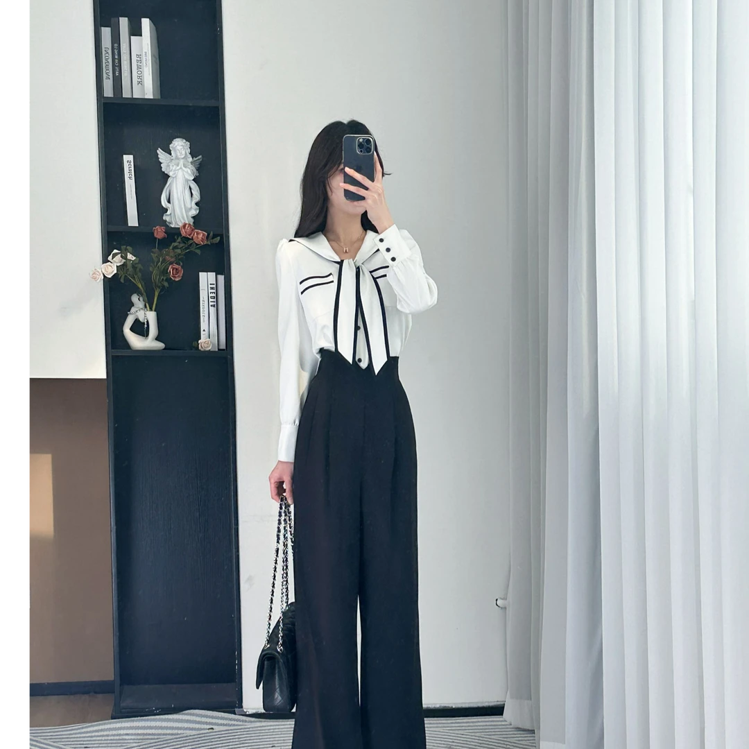 拉夏贝尔25秋季时尚气质百搭显瘦设计感衬衫+裤子 10048 LSC