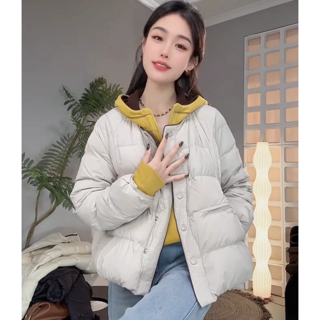 爆款设计感圆领短款羽绒服女装2024冬季新款洋气白鸭绒面包服外套