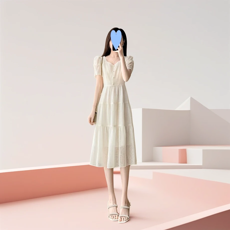 2025夏季法式浪漫复古时髦洋气收腰白色连衣裙透气轻薄短袖中长款