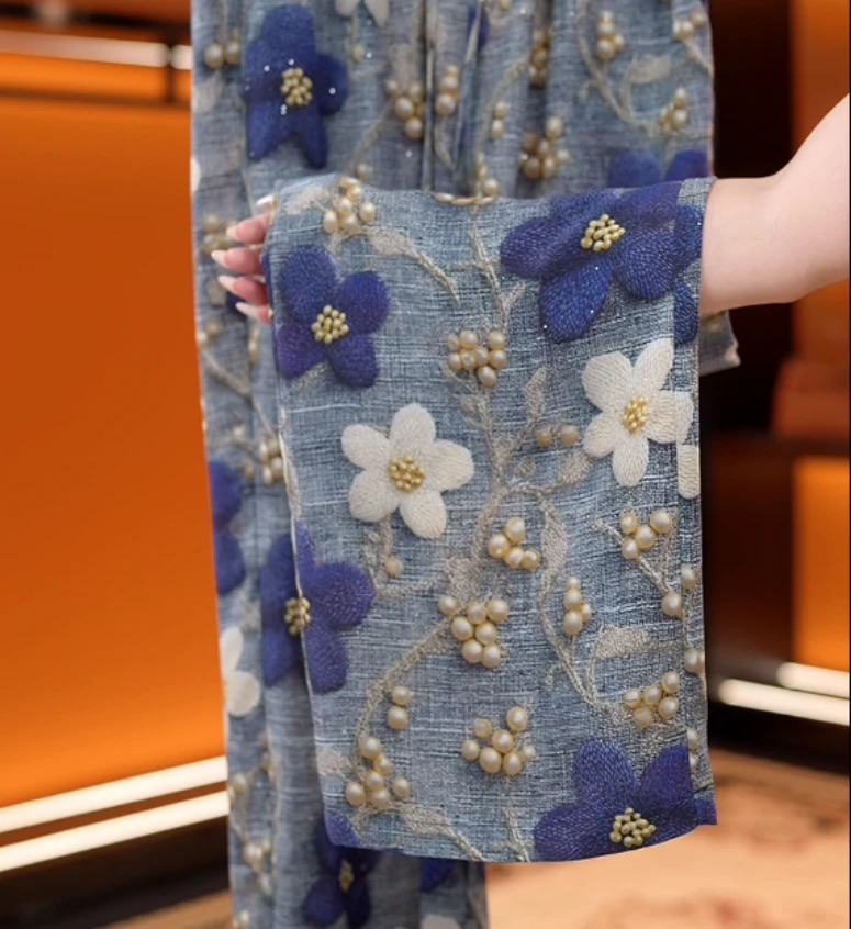 【3D烫花】花间丝绸2025新款高腰垂直冰丝凉感透气阔腿裤C071冰冰