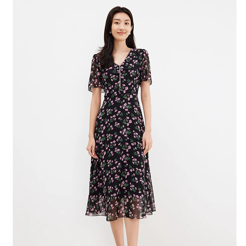 【晨粉专享价】珂莱蒂尔装夏季通勤法式碎花v领短袖连衣裙女超好看