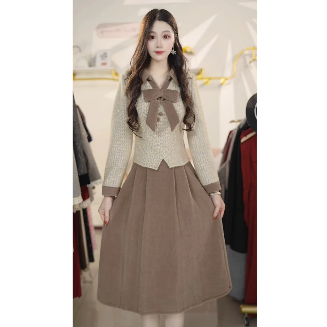 翻领拼接上衣套装裙女秋季2025新款减龄中长半身裙两件套Y871018