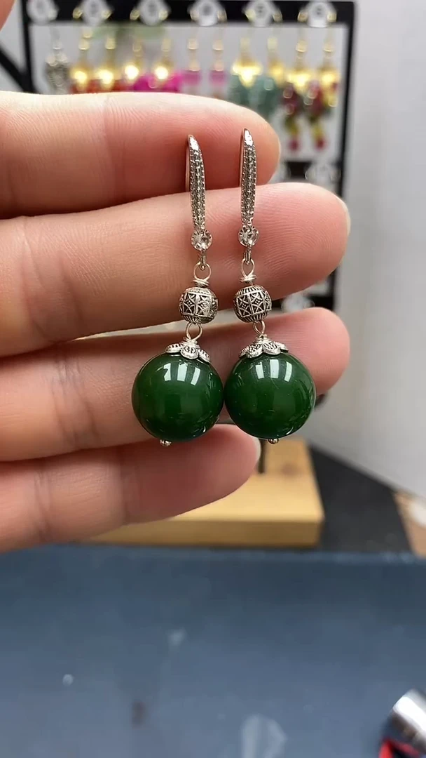 银S925镶嵌和田玉耳饰尺寸14mmA3