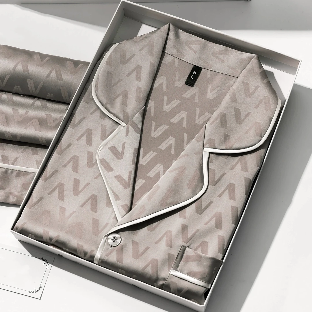 EONMEBIWNT夏季薄款小V男士冰丝睡衣长袖长裤休闲家居服两件套