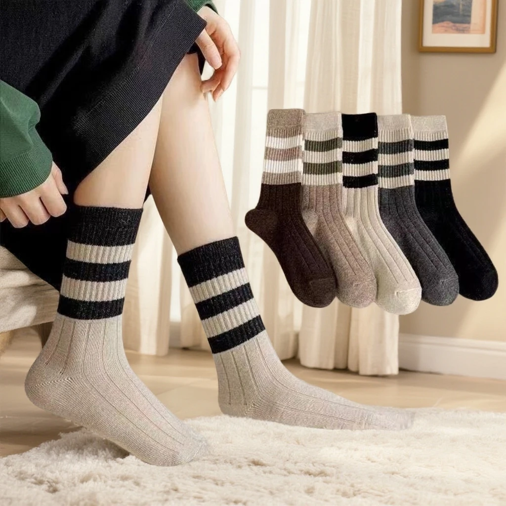 袜子女配鲨鱼裤的女中筒袜秋冬款韩版复古条纹百搭学生堆堆长筒袜