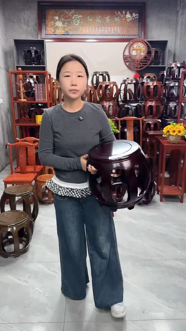 花梨木类家具【微瑕】酸枝色小号鼓凳5号