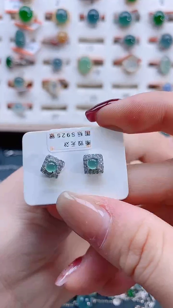 银S925镶嵌翡翠耳饰天然翡翠