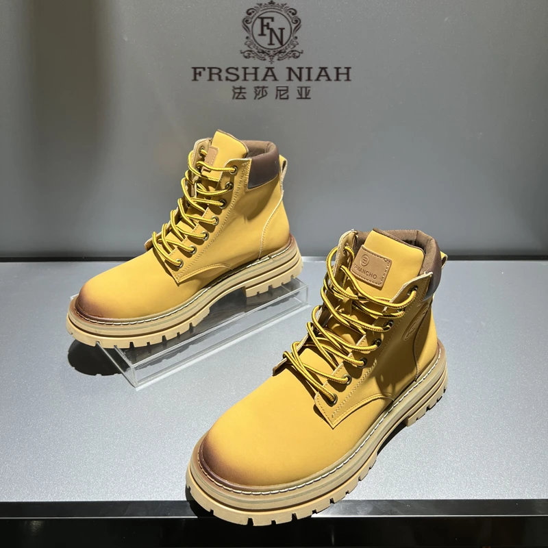 法莎尼亚男士高帮马丁鞋秋冬新款厚底增高系带短靴痞帅英伦大黄靴