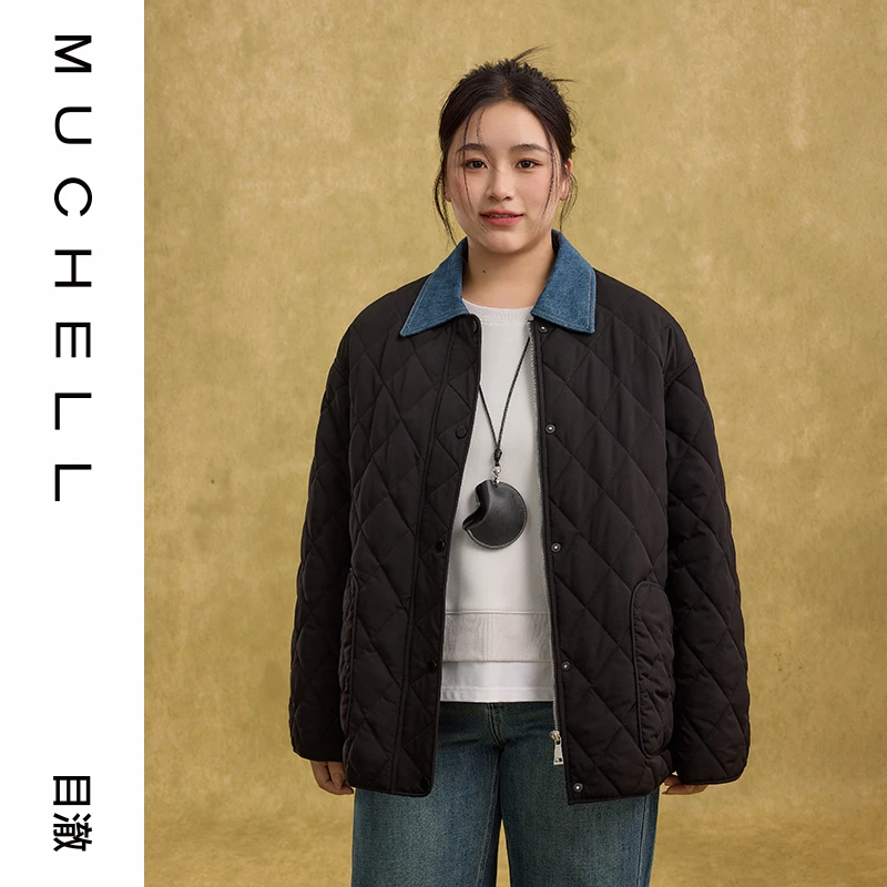 【优选】冬季新款撞色牛仔拼接菱格显瘦大码棉服MDR4PD6201