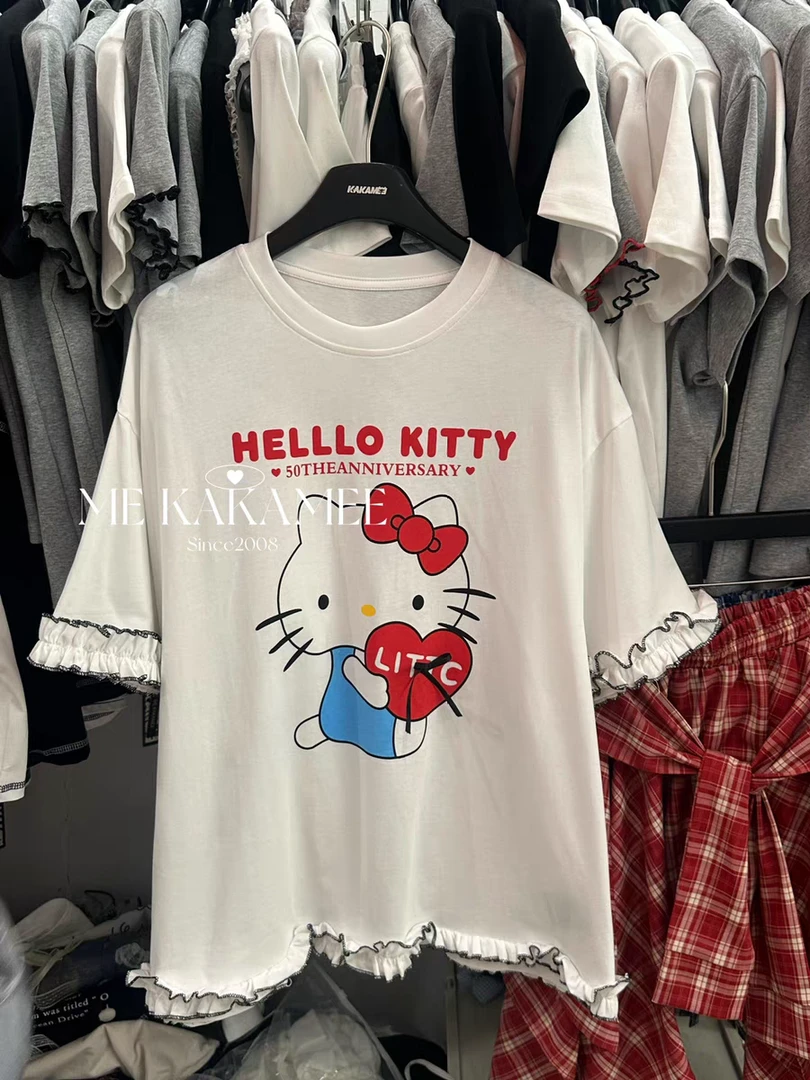 【乖乖kitty】2025夏季新款洋气减龄KT猫喷画撞色木耳边宽松短袖T恤