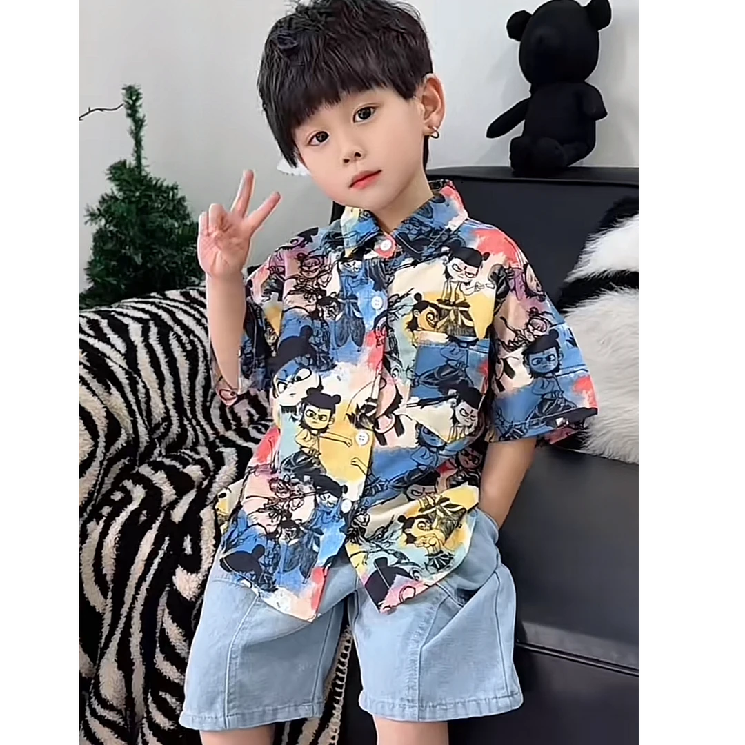 儿童衬衫夏装洋气宝宝新款男童短袖痞帅风夏季度假