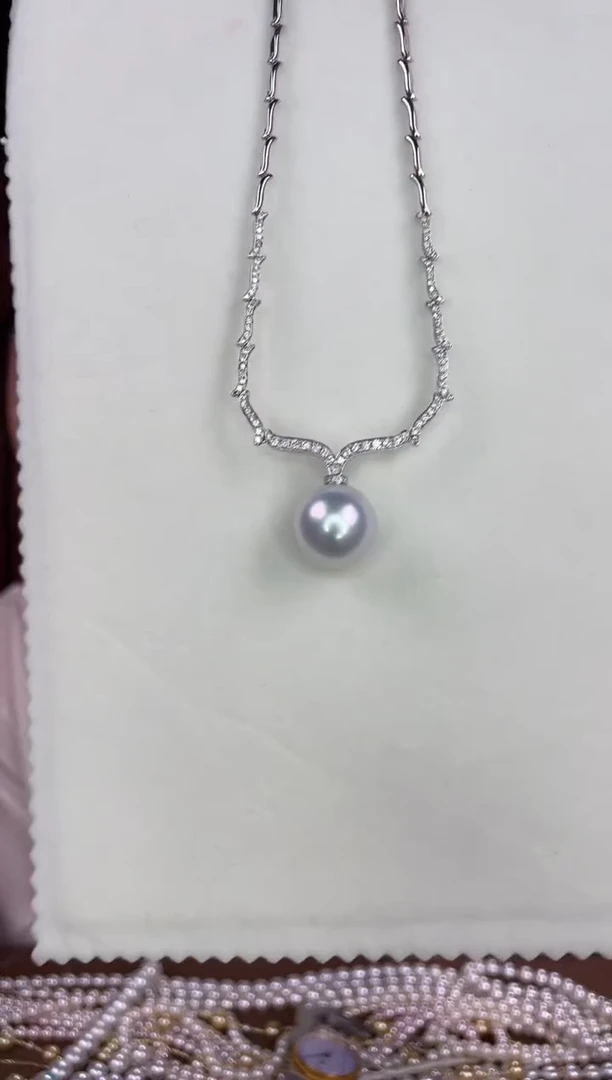 项链18K金镶嵌海水珍珠澳白16-17mm钻石