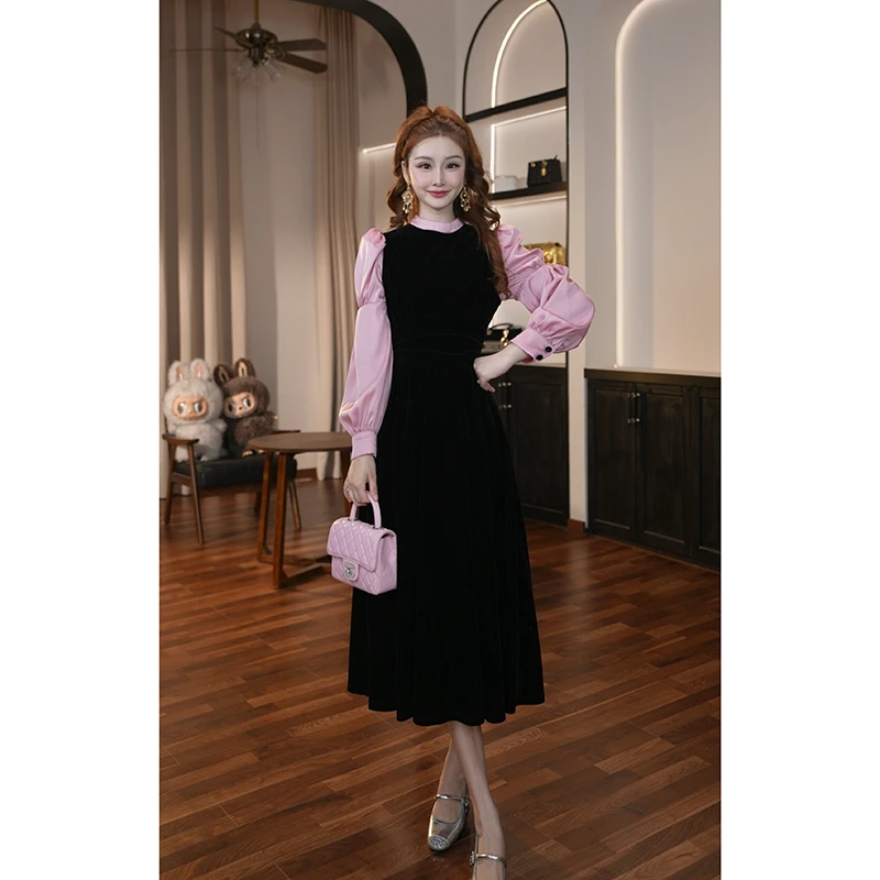 【晚晚定制】新款拼接时尚法式黑色常规袖显瘦长袖收腰长裙61336