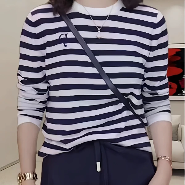 纯棉条纹长袖T恤2025秋季新款大码胖mm时尚休闲百搭打底衫女内搭