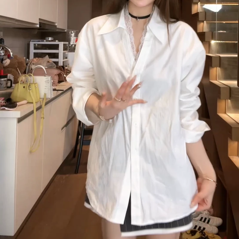 2025春季新款蕾丝边白色衬衫+竖条不规则西装半裙LK2501336