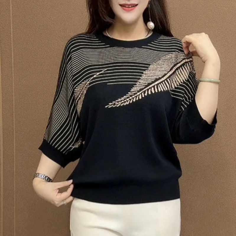 新款圆领气质套头百搭时尚针织衫早秋2025七分袖印花宽松打底毛衣