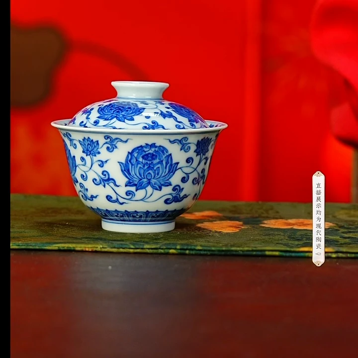 【小乔赏瓷】景德镇手工手绘蓝钰盛世莲开重工盖碗lany220.