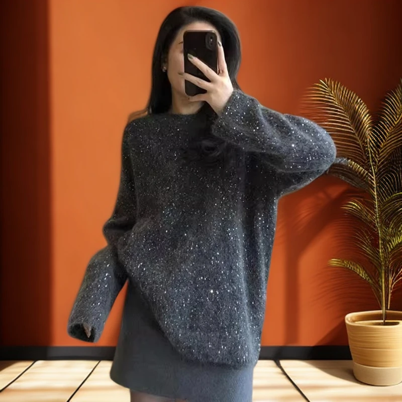 女士灰色圆领亮片毛衣秋冬慵懒高级感加厚宽松软糯针织衫外穿上衣