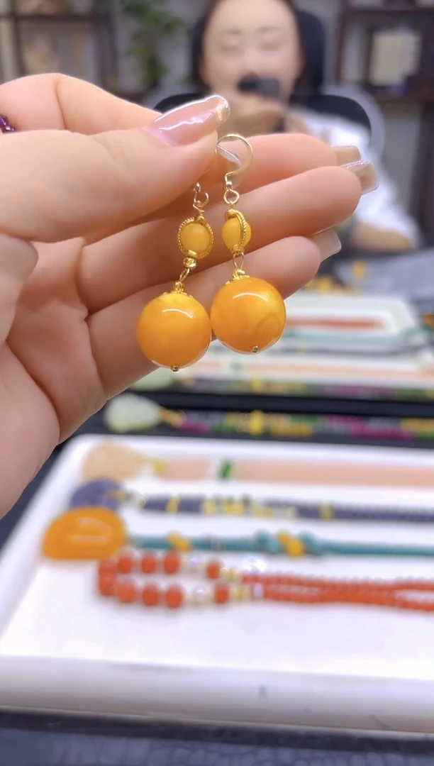 14K金镶嵌蜜蜡耳饰DIY款E496