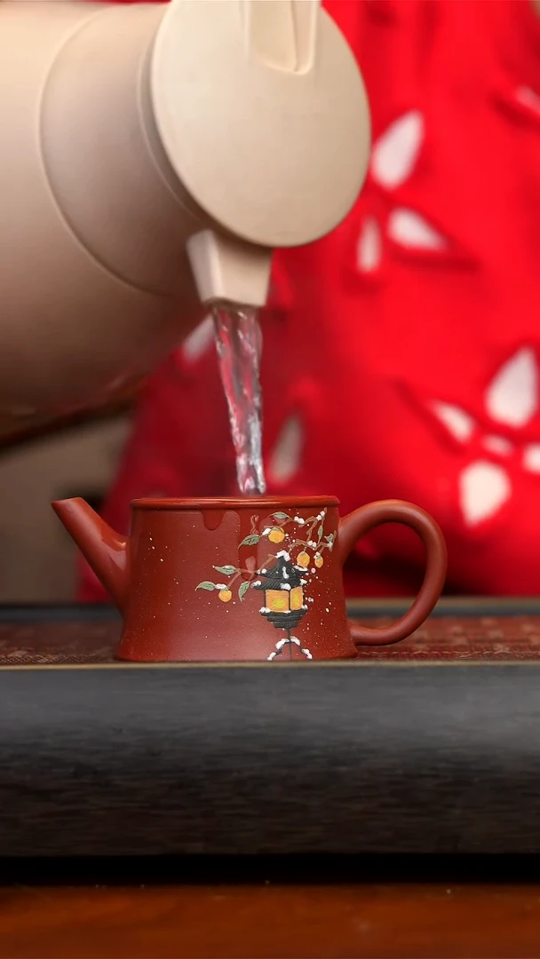 【闪购商品】紫砂茶壶红泥柱础壶 柿柿如意