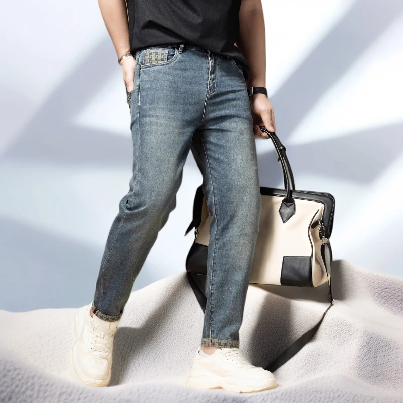 宾斯洛特时尚休闲牛仔裤男士夏季新款潮流修身弹力小直筒长裤子男