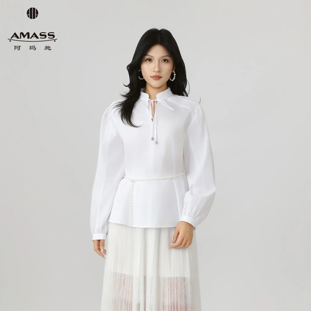 AMASS/阿玛施夏季休闲白色衬衣新款抽绳设计感百搭纯衬衫530040