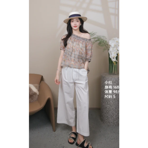 RONGYU绒郁轻奢苎麻复古印花松紧一字肩小衫度假慵懒千金风休闲