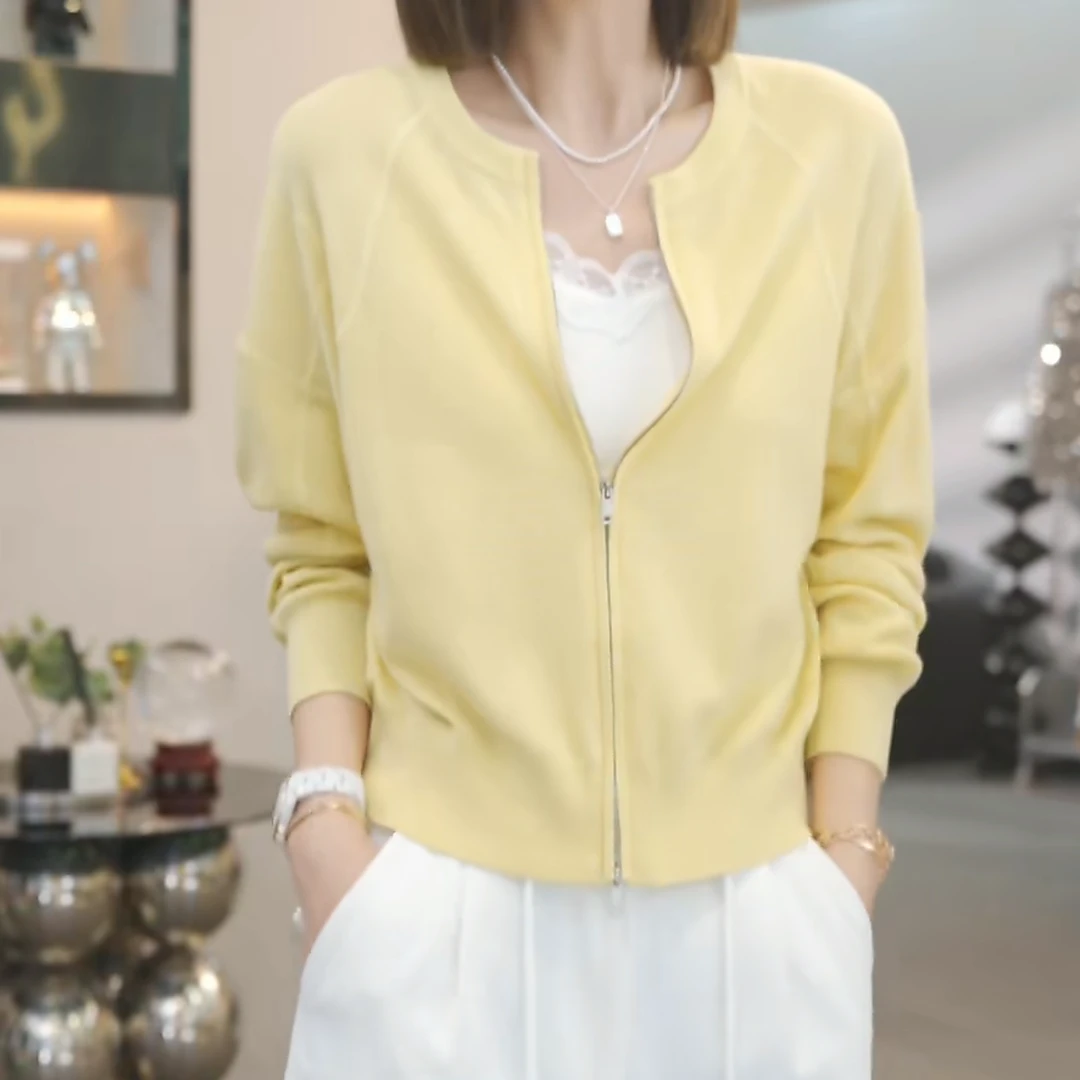 设计感拉链纯色时尚气质毛衣开衫2025春季新款百搭圆领长袖针织衫