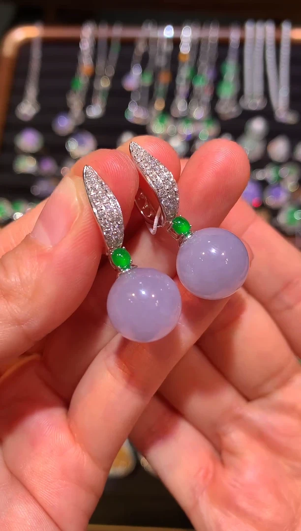 18K金镶嵌翡翠耳饰紫罗兰珠珠耳坠