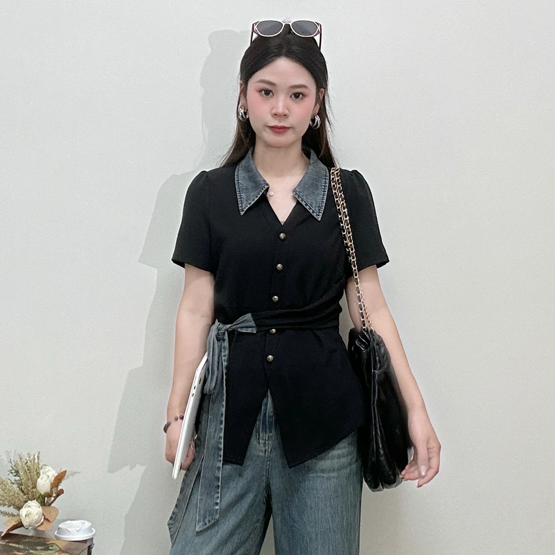 敏敏&南岛风大码时尚绑带收腰短袖夏胖mm显瘦牛仔长裤套装ZZM129