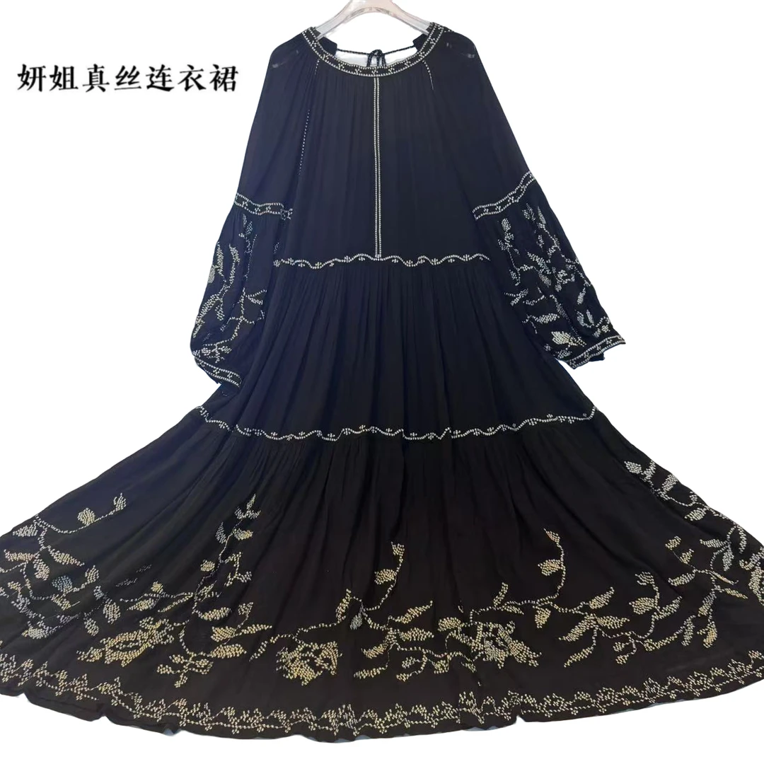 妍姐真丝2024新款气质时尚百搭轻奢V领女装长裙优雅 黑色 230195