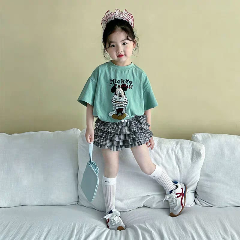 女童25夏装薄荷绿短袖格子花苞裤套装女宝洋气T恤两件套童装潮