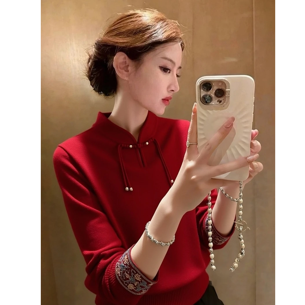 春季独特漂亮巨好看毛衣轻奢高级感洋气减龄新中式国风红色针织衫