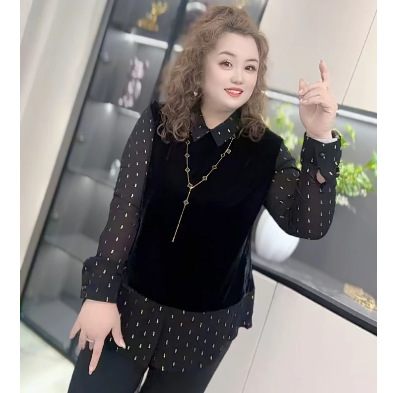 8898（丹姐家）秋季新款丝绒拼接雪纺袖衬衫上衣修身显瘦假两件