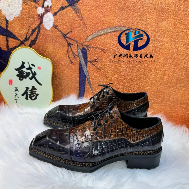 时尚经典百搭潮款纯手工擦色挪威缝线鳄鱼皮男士皮鞋