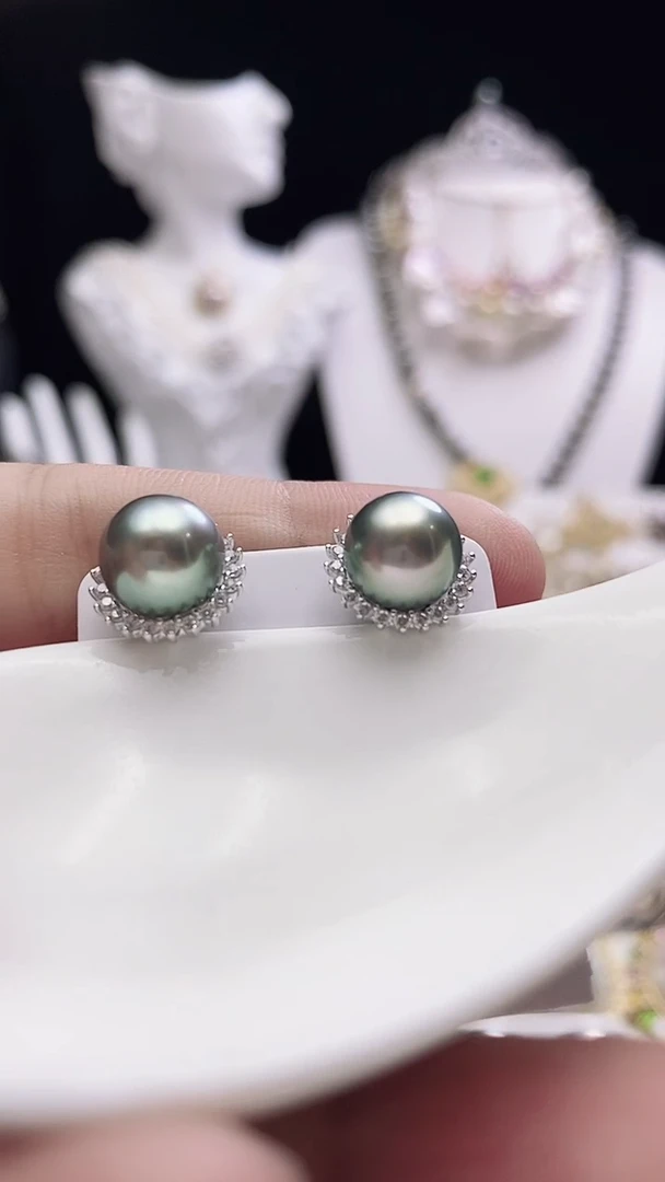银S925镶嵌海水珍珠耳钉大溪地珍珠耳钉