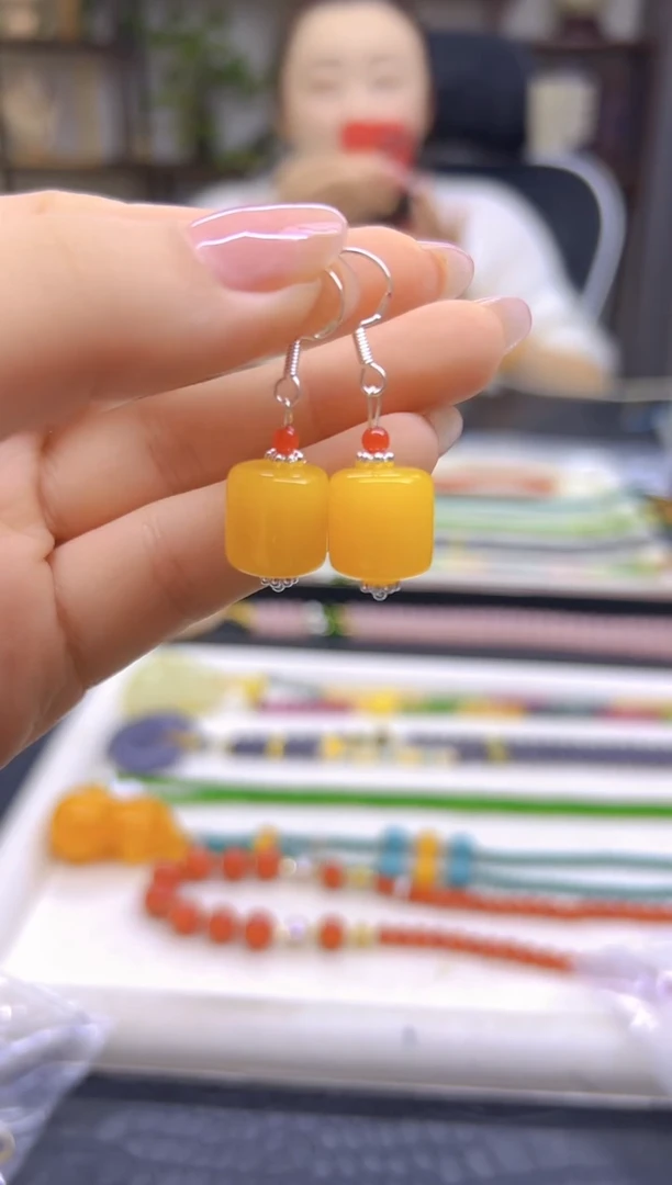 蜜蜡银S925镶嵌耳饰DIY款E897