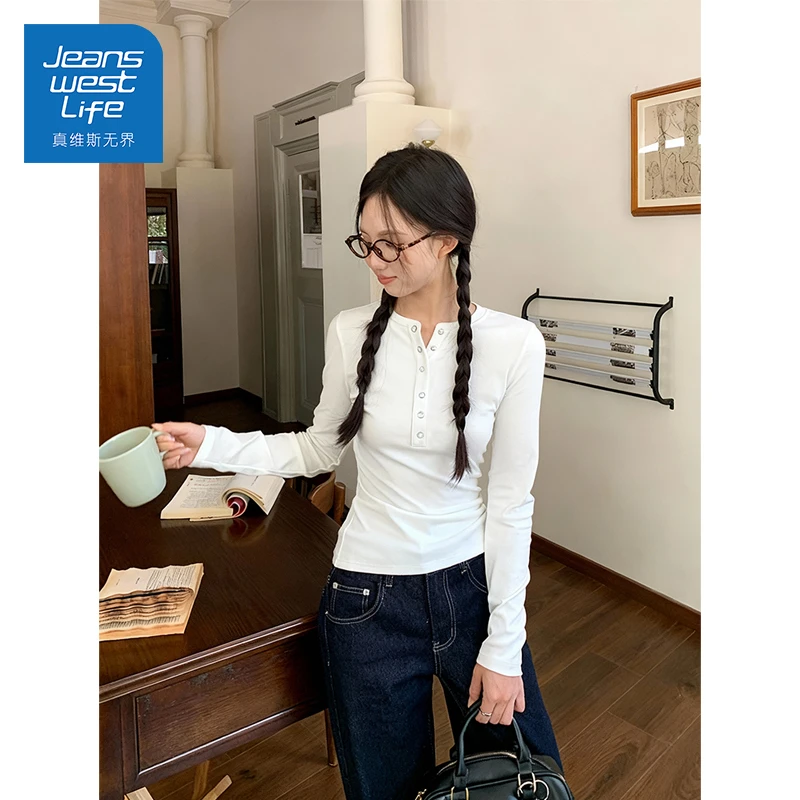 真维斯无界春秋开领罗纹长袖打底衫修身纯色显瘦韩版ins潮流百搭
