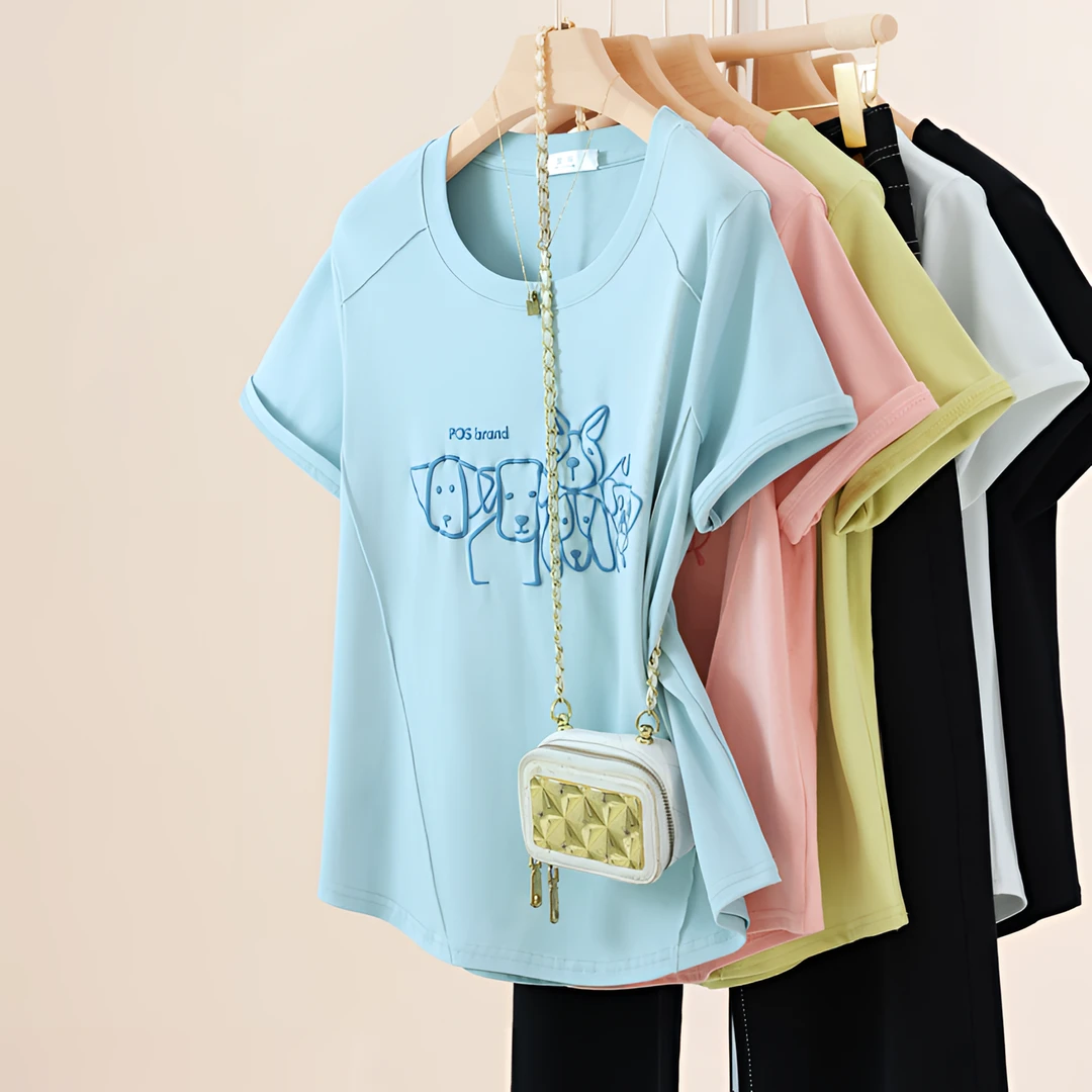 大码遮肉显瘦正肩短袖T恤女夏季新款百搭胖mm遮肚子鱼骨印花上衣