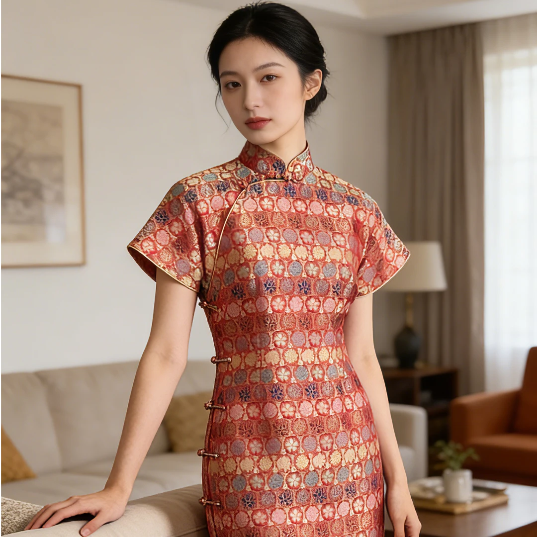 【红龟背纹】冬季新款织金宋锦中式连肩三分袖旗袍