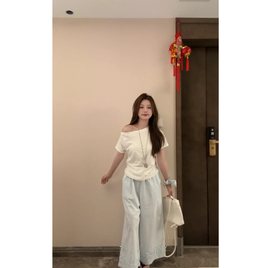 【点点花边九分裤】2025夏季新款显瘦高腰时尚休闲百搭宽松九分裤