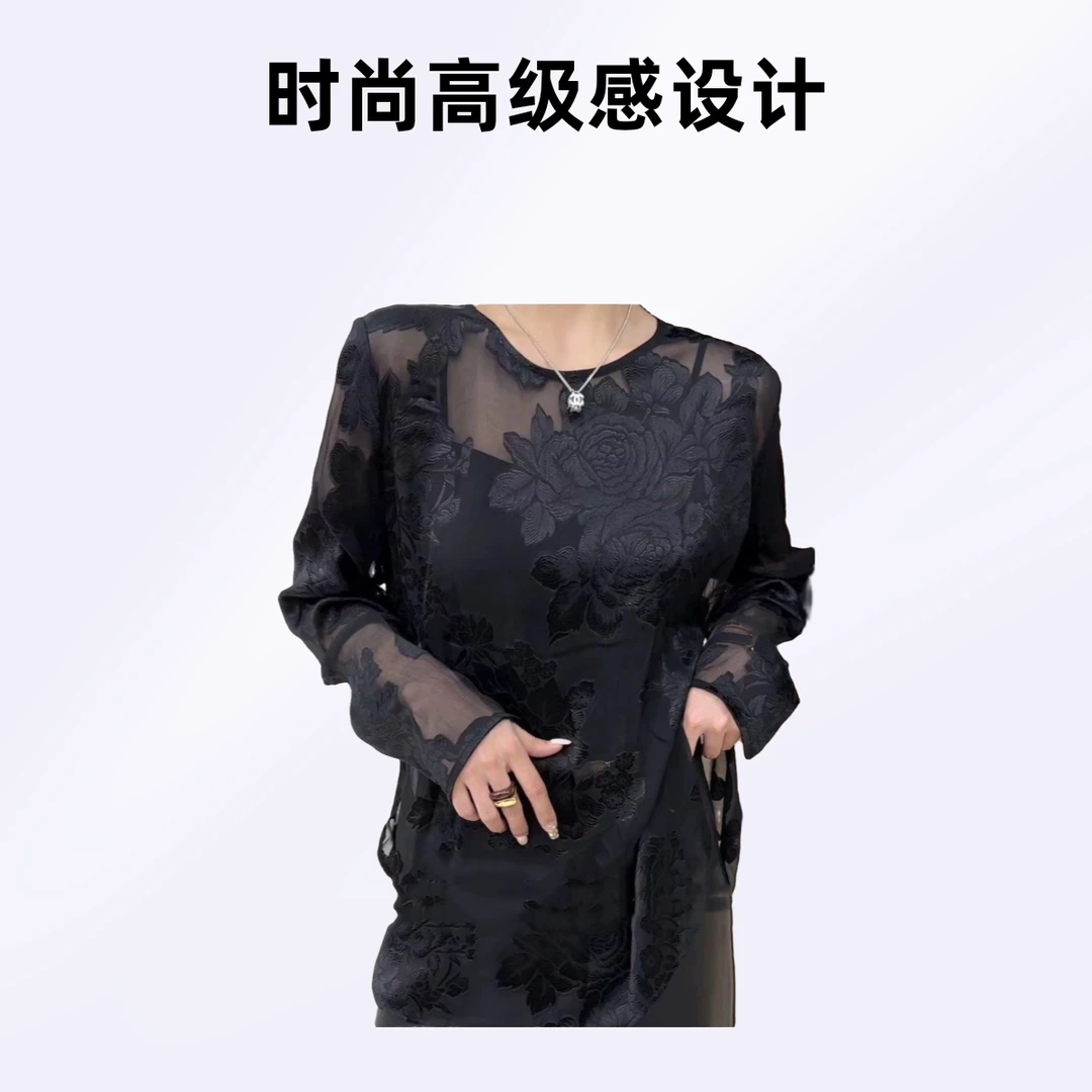 时尚高级感宽松上衣女2024年春秋季新款爆款重工印花圆领长袖衬衫