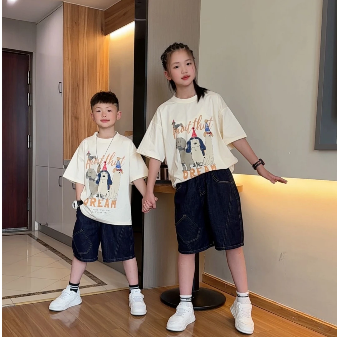 姐弟装夏季新款短袖狗够T恤上衣宽松中大童儿童牛仔中裤套装