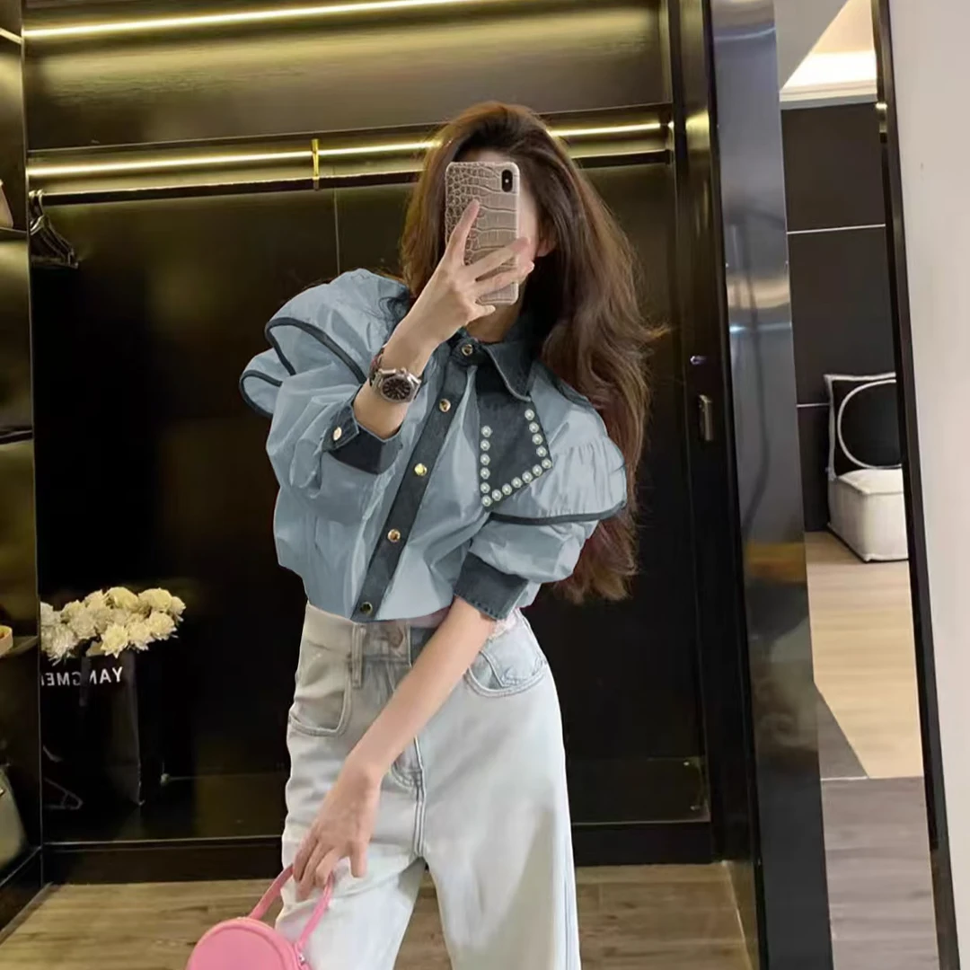 2025新款小衫法式设计感仿牛仔拼接时尚洋气小个子重工女士衬衫