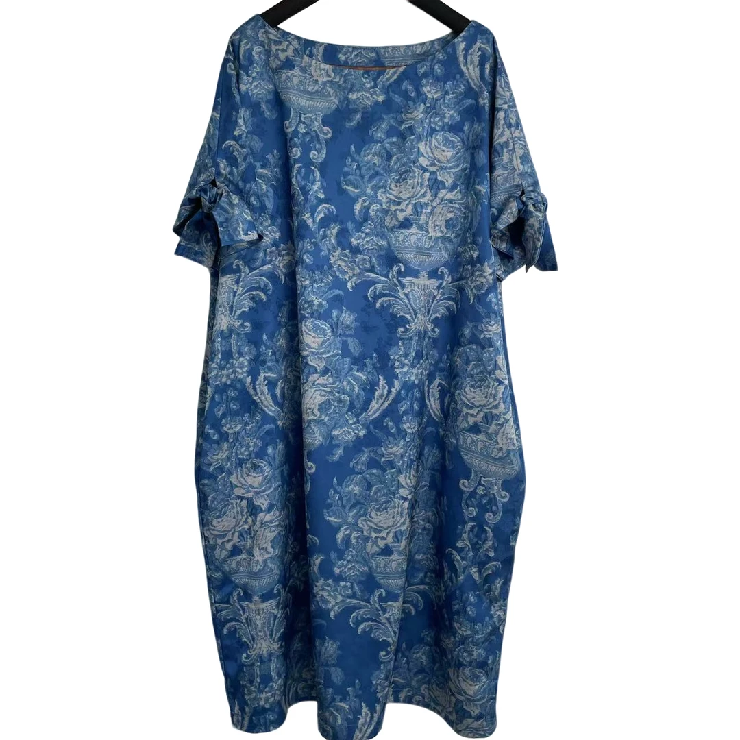 恬小霓（玲玲姐精选）1314/青花瓷/圆领/袖两边/蝴蝶结/中长款/气质