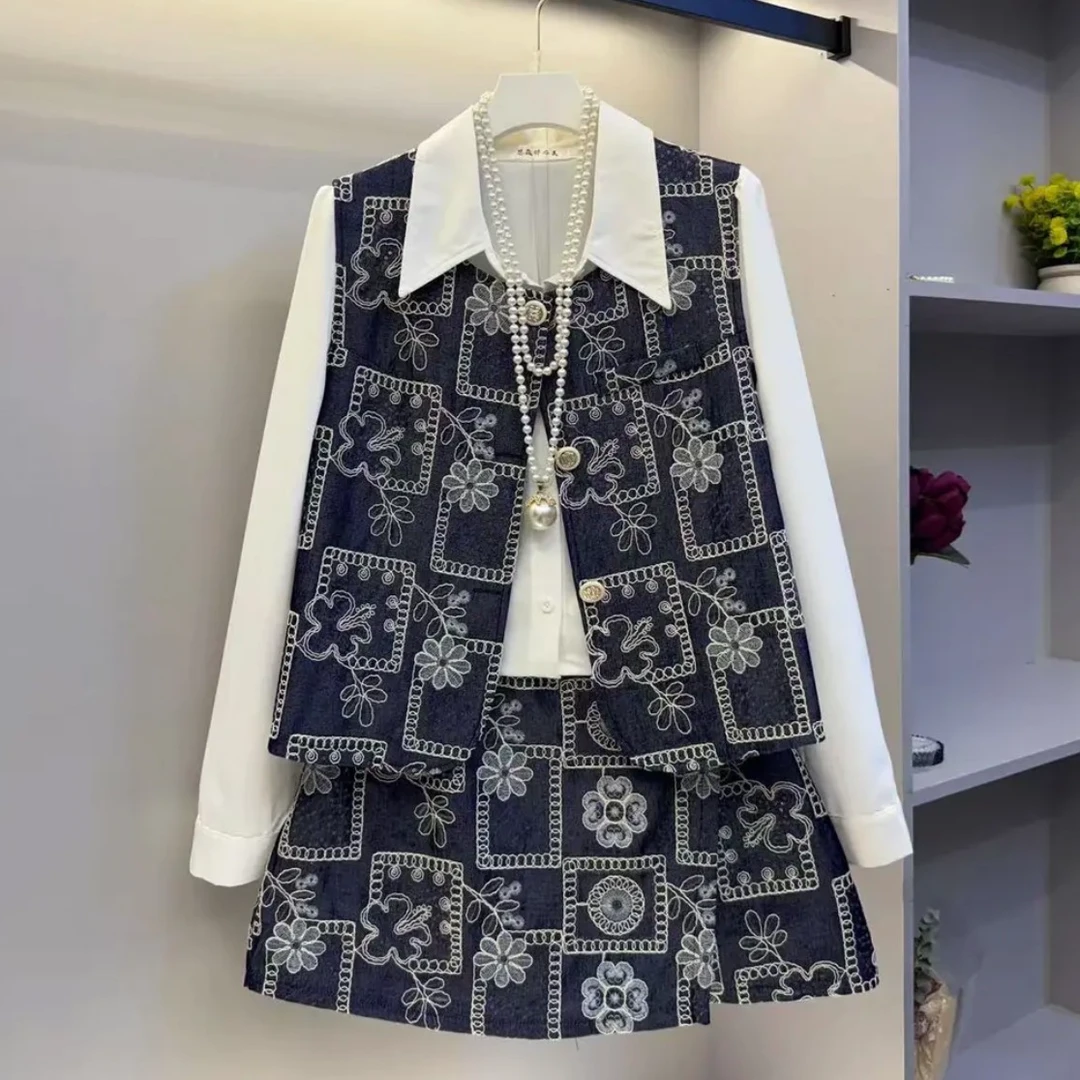 胖妹妹大码女装提花马甲+衬衫+裙子三件套春秋新款时尚气质套装女